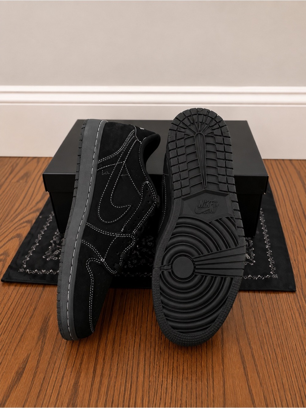 Travis Scott Nike Dunk Low. Brand new, black with white stitching. Never worn.
